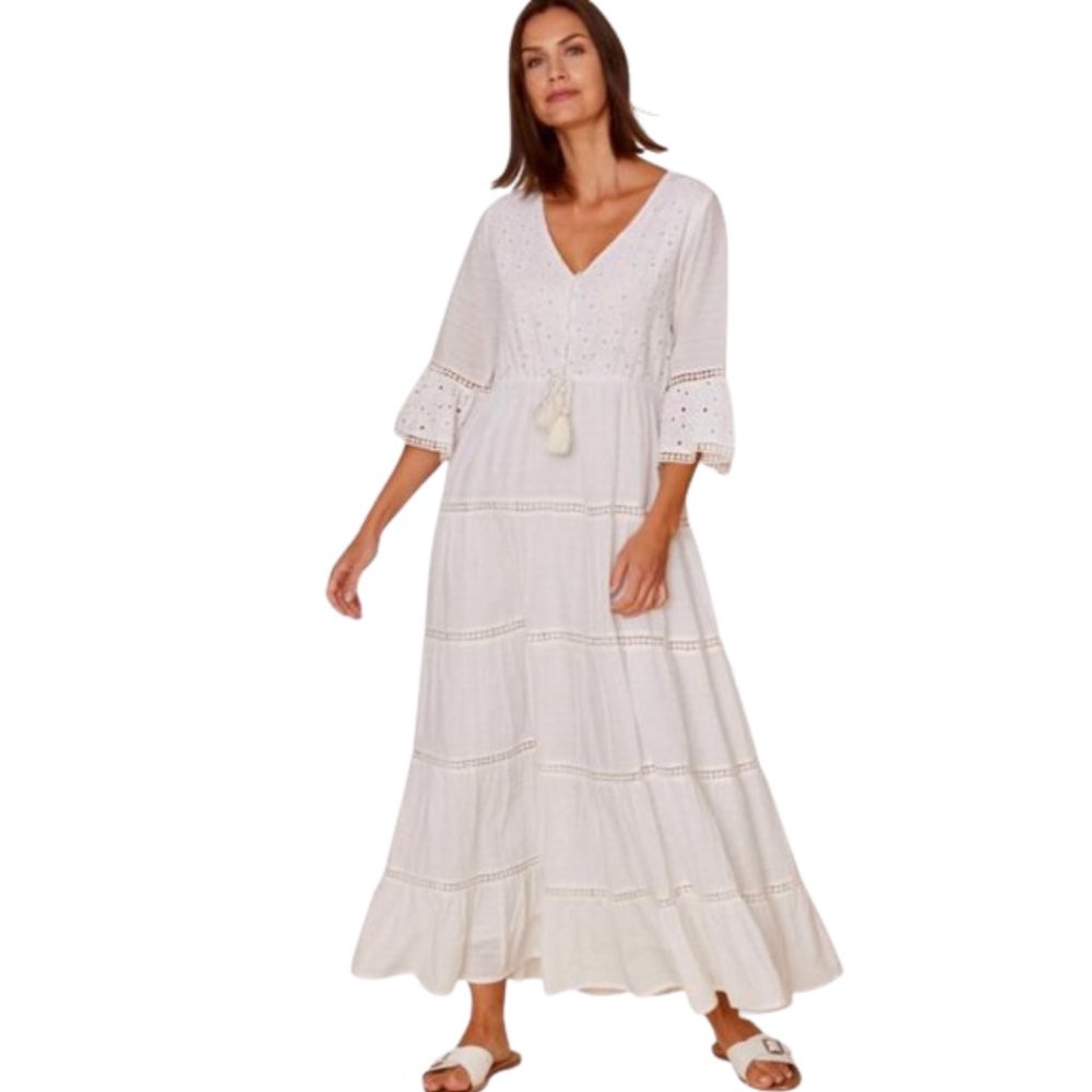 Women’s White Maxi Dress, NWT, Eyelet, Lined, Adjustable Waist, M,L,Xl